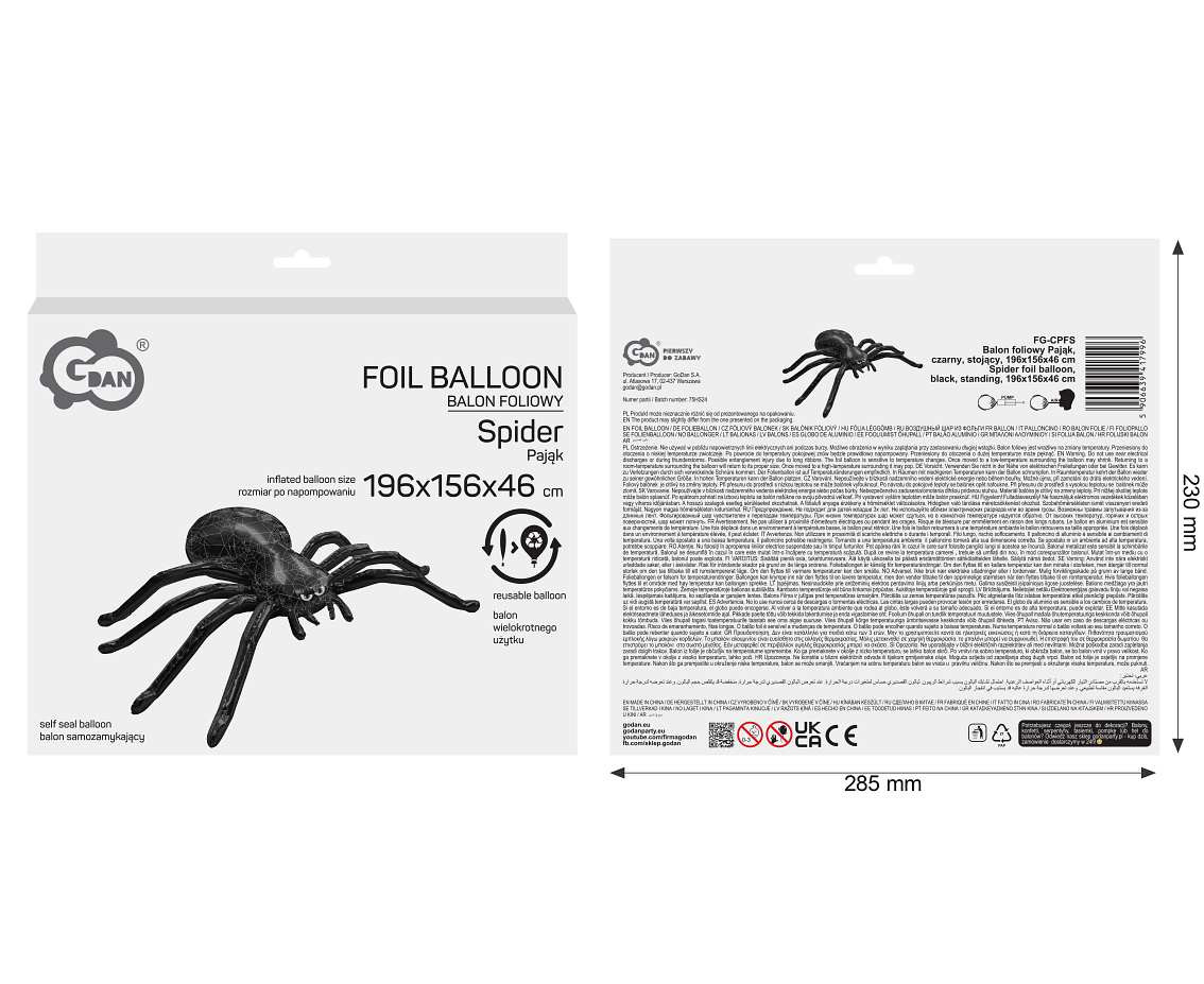 Spider foil balloon, black, standing, 196x156x46 cm